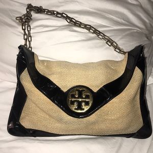 Tory Burch tweed black neutral purse with chain